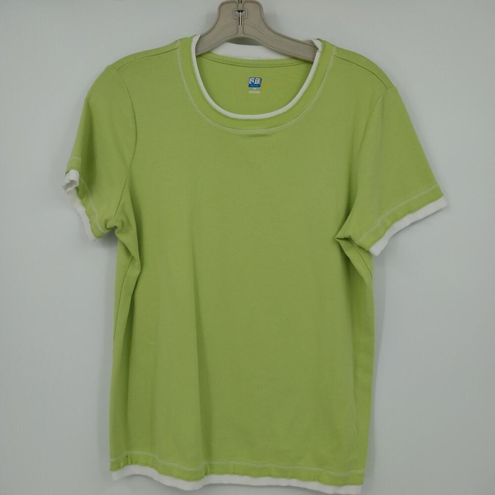 SB Active Ringer T Shirt Women's Large Lime Green White Trim Short Sleeve Cotton